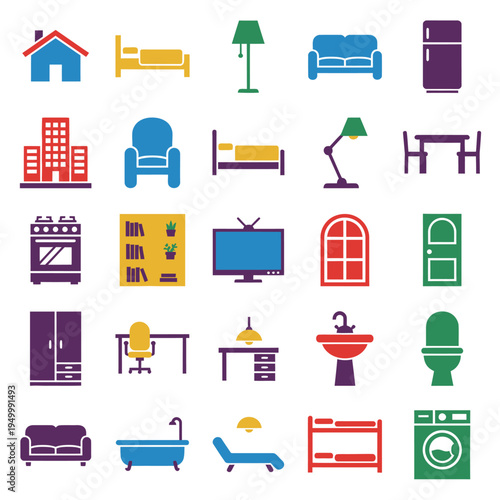 Colorful flat icons depicting home and office furnishings on transparent background silhouette