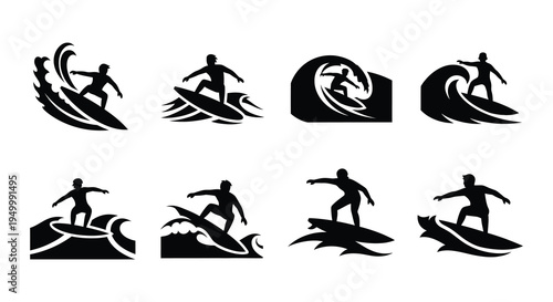 Black silhouettes of surfers riding ocean waves in various dynamic poses