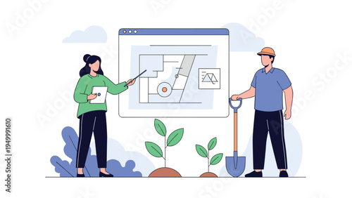 Professional architect and gardener discuss a landscaping plan with a digital screen and tools to plant young trees in a sustainable project.