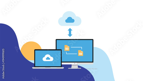 Network infrastructure concept shows a desktop and laptop computer synchronizing data via a central cloud storage system for efficient work.