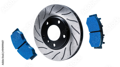 Obraz na plátne Isolated high-performance car brake rotor with blue racing brake pads for automo