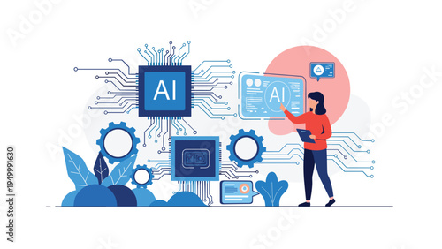 Modern woman interacts with advanced artificial intelligence technology featuring a central processor unit and complex digital circuit patterns.