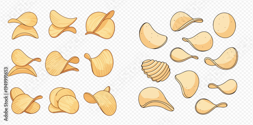 Set of crispy potato chips in various shapes, snack food vector illustration.
