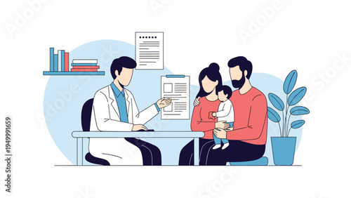 Caring pediatrician discusses medical results with a young family and their toddler in a professional clinic office for healthcare checkup.