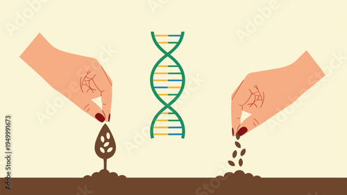 Two hands carefully plant seeds and saplings into the soil with a DNA double helix symbol representing genetic engineering and agriculture.