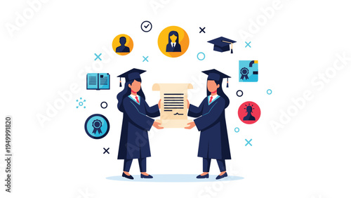 Two successful female graduates in academic robes celebrate their achievement by holding a diploma certificate together after their university ceremony.