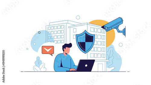 Professional man works on a laptop in a secure office environment with digital protection symbols and a surveillance camera monitoring the building.