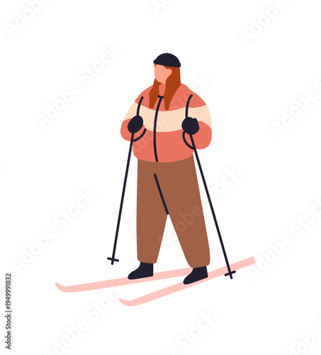 Happy girl in hat and outerwear skies in mountain. Skier with poles races on snow slope. Athlete in sportswear is in winter sport competition. Flat isolated vector illustration on white background