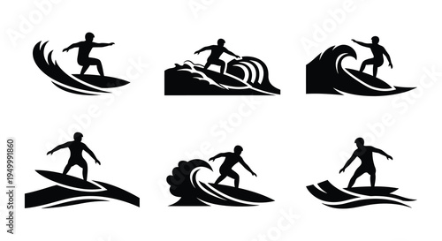 Black silhouettes of surfers riding ocean waves in various dynamic poses