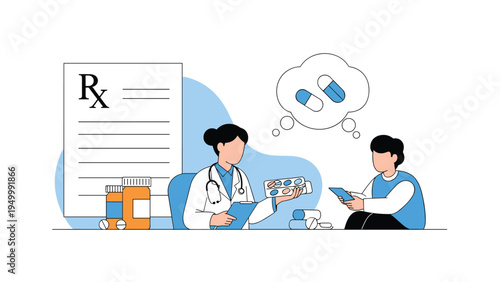 Professional female doctor explains medical treatment and gives a pill prescription to a young male patient during a consultation in her clinic office.