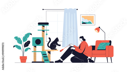 Relaxed woman sits on the living room floor while playing with her pet cat using a toy wand in a comfortable and modern home environment today.