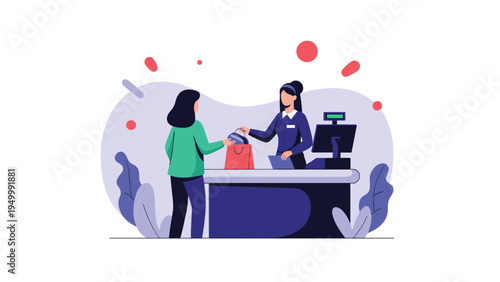 Friendly female cashier serves a customer at a retail store checkout counter while scanning items and providing a high quality shopping experience.