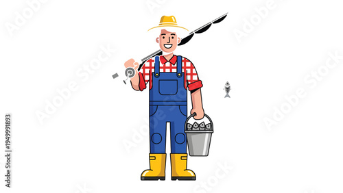 Fisherman's catch: A cheerful farmer, radiating contentment, strides forward carrying a bucket brimming with his day's bounty, complemented by a fishing rod slung over his shoulder.