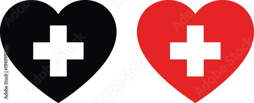 Two stylized heart icons featuring a white medical cross symbol on black and red backgrounds Vector