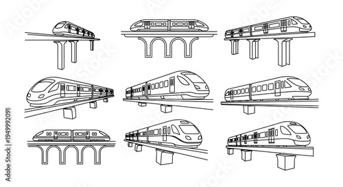 Line drawing of multiple high speed trains on elevated tracks