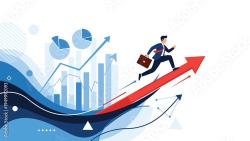 Determined businessman runs up a large rising arrow chart with his briefcase to represent fast career growth and financial success in the market.