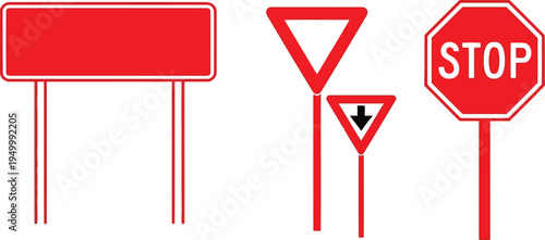 A collection of blank and standard road traffic signs including stop and yield symbols on poles Vector