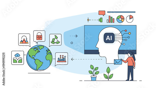 Human head silhouette with artificial intelligence circuits is shown alongside a globe and various data icons representing a global technology network.
