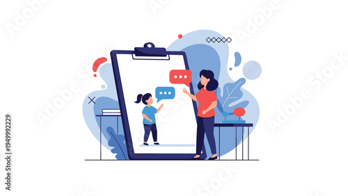 Professional woman interacts with a giant clipboard displaying digital chat messages to manage customer support or communication within a company.