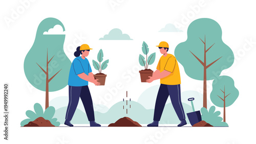 Environmentally conscious couple works together to plant young trees in a forest area to promote reforestation and fight against global climate change.