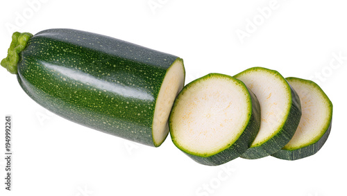 Photography Isolated fresh green zucchini vegetable partially sliced into perfect healthy ro