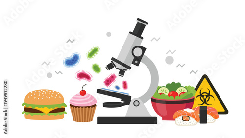 Laboratory microscope examines various food items like burgers and salads to detect harmful bacteria and ensure food safety and quality for everyone.