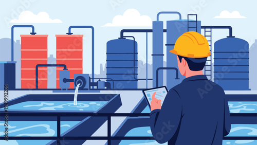 Dedicated engineer in a yellow hard hat monitors water treatment tanks and industrial pipes to ensure clean water supply for the local city community.