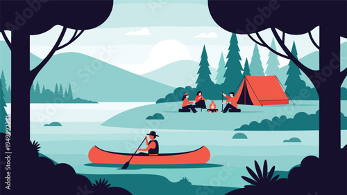 Friends enjoy a fun camping trip by a scenic lake with activities like canoeing and sitting by a campfire in a lush forest during the summer season.
