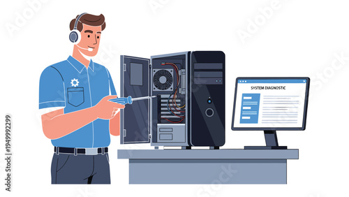 Tech Support: A skilled technician diligently repairs a computer, headset and monitor with a diagnostic report displayed on-screen, representing the intersection of technology and assistance.