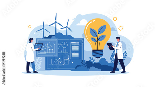 Green energy researchers work on sustainable technology solutions featuring wind turbines and a large light bulb with a growing plant inside the center.