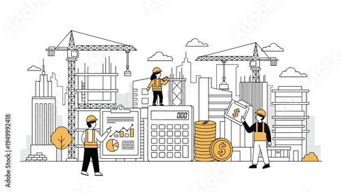 Construction site scene features workers managing a large building project with cranes while considering financial budgets and investment costs today.