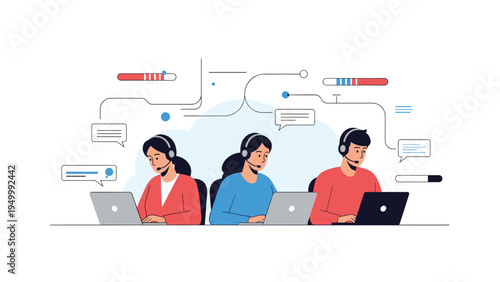 Team of dedicated customer support agents wearing headsets works on laptops to provide assistance and solve problems for clients in a modern office.