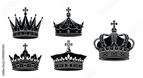 Variety of ornate black crowns displayed in a symmetrical arrangement