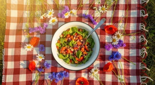 Fresh salad on red checkered picnic blanket with colorful flowers