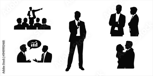 Collection of Business and Relationship Silhouettes in Black and White Keywords: business, people, silhouettes, meeting