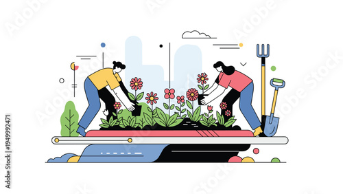 Enthusiastic gardeners work together to plant colorful flowers in an urban raised bed garden to improve the local city environment and community space.