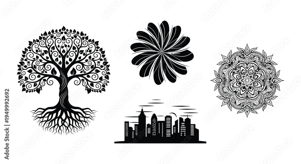 Fototapeta premium Black and white illustrations of trees flowers and a city skyline