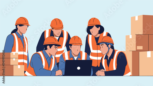 Diverse team of construction workers wearing safety gear and helmets collaborating on a project using a laptop in a warehouse.