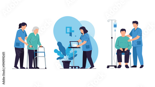 Compassionate healthcare providers assisting an elderly woman with a walker and caring for a patient in a medical clinic.