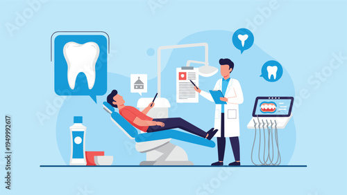 Professional dentist examining a patient in a modern dental clinic equipped with advanced tools and digital imaging.