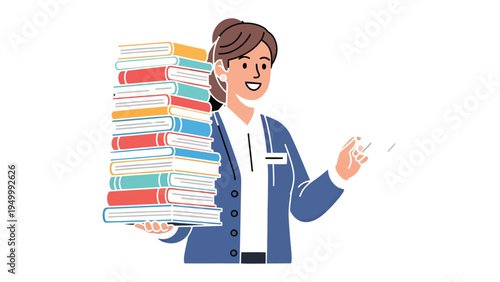 The Librarian's Library: A friendly librarian, smiling broadly, gracefully carries a towering stack of colorful books, her expression filled with warmth and a welcoming invitation to explore. 
