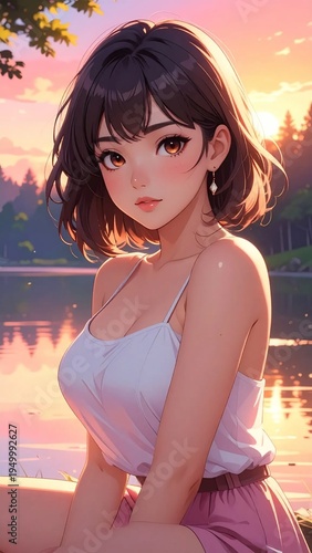 Anime girl enjoying a serene sunset by the lake, with warm colors reflecting on the water.