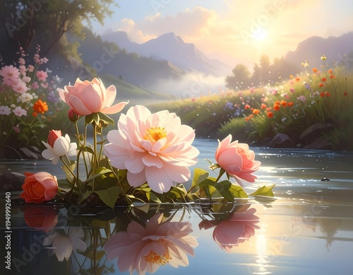 A serene landscape with pink flowers reflecting in calm water