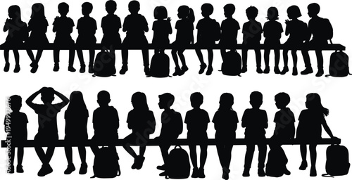 Diverse Group Of Children Silhouettes Sitting On A Bench With Backpacks kids