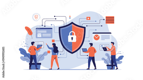 Cybersecurity team monitoring digital data protection and network safety around a large secure shield and padlock.