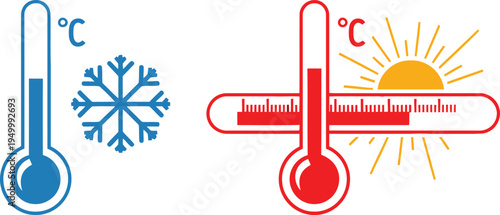 Comparative illustration of thermometers showing extreme cold weather and hot sunny weather conditions Vector