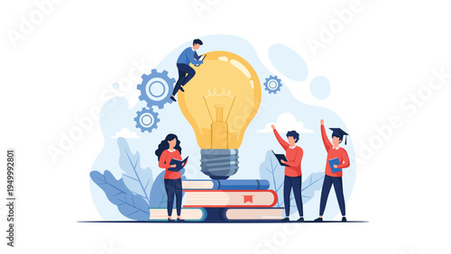 Students and educators collaborating around a giant lightbulb and books to symbolize learning and innovative education.