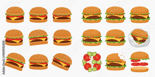 Set of delicious hamburgers with various toppings and ingredients, isolated on transparent background.