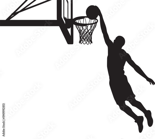 A black silhouette of a professional basketball player performing a powerful slam dunk into a hoop Vector, illustration