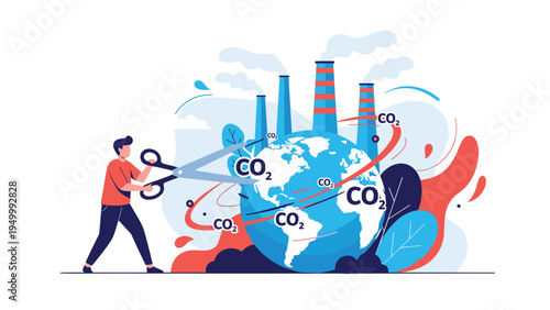 Environmentally conscious person using large scissors to cut CO2 emissions and protect the planet from global warming.